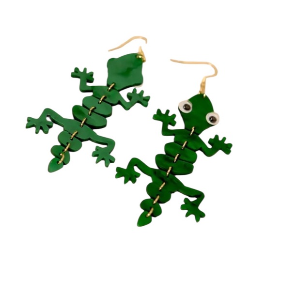Green Lizard Dangle Earrings - Picture 3 of 4